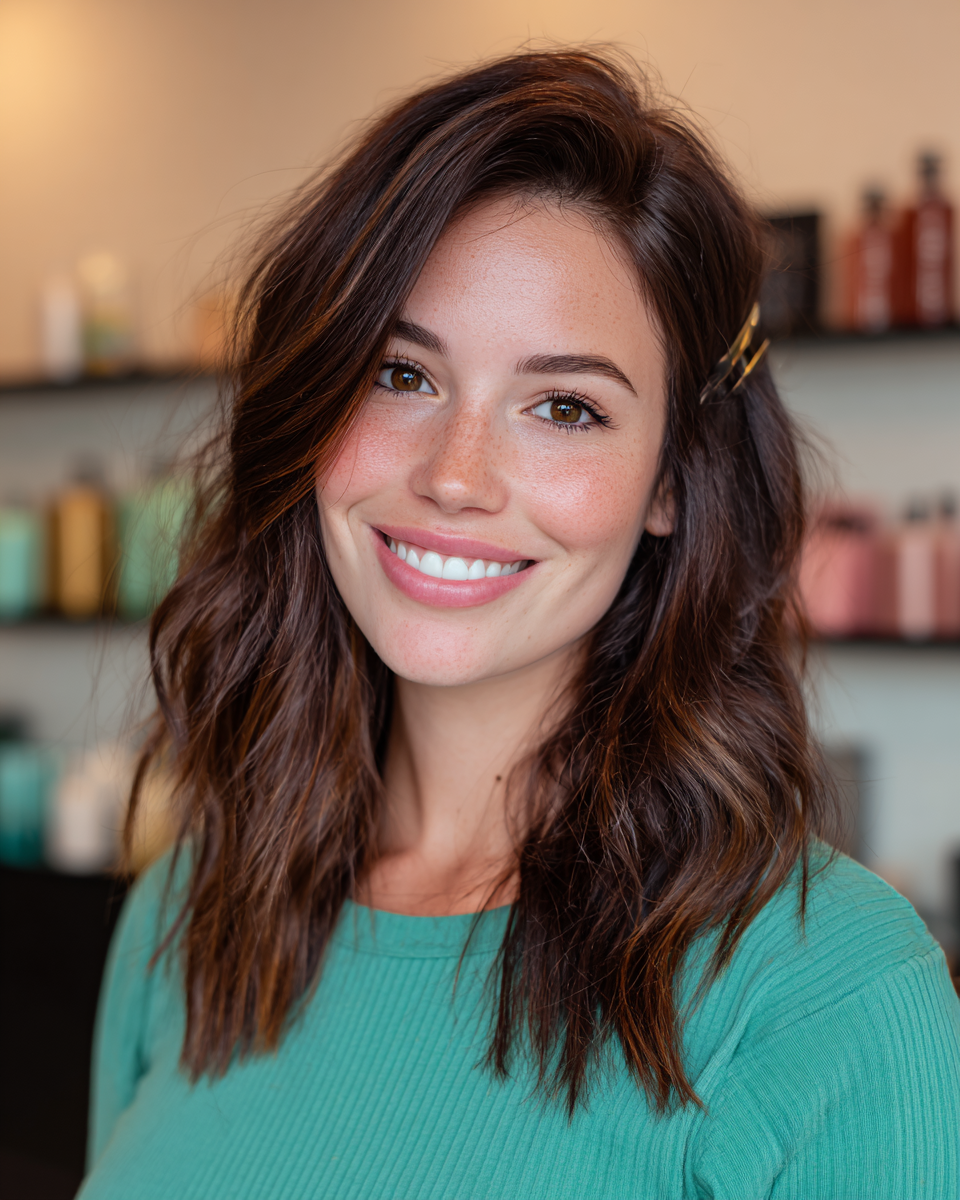 Effortless Medium-Length Wavy Cut with Subtle Highlights