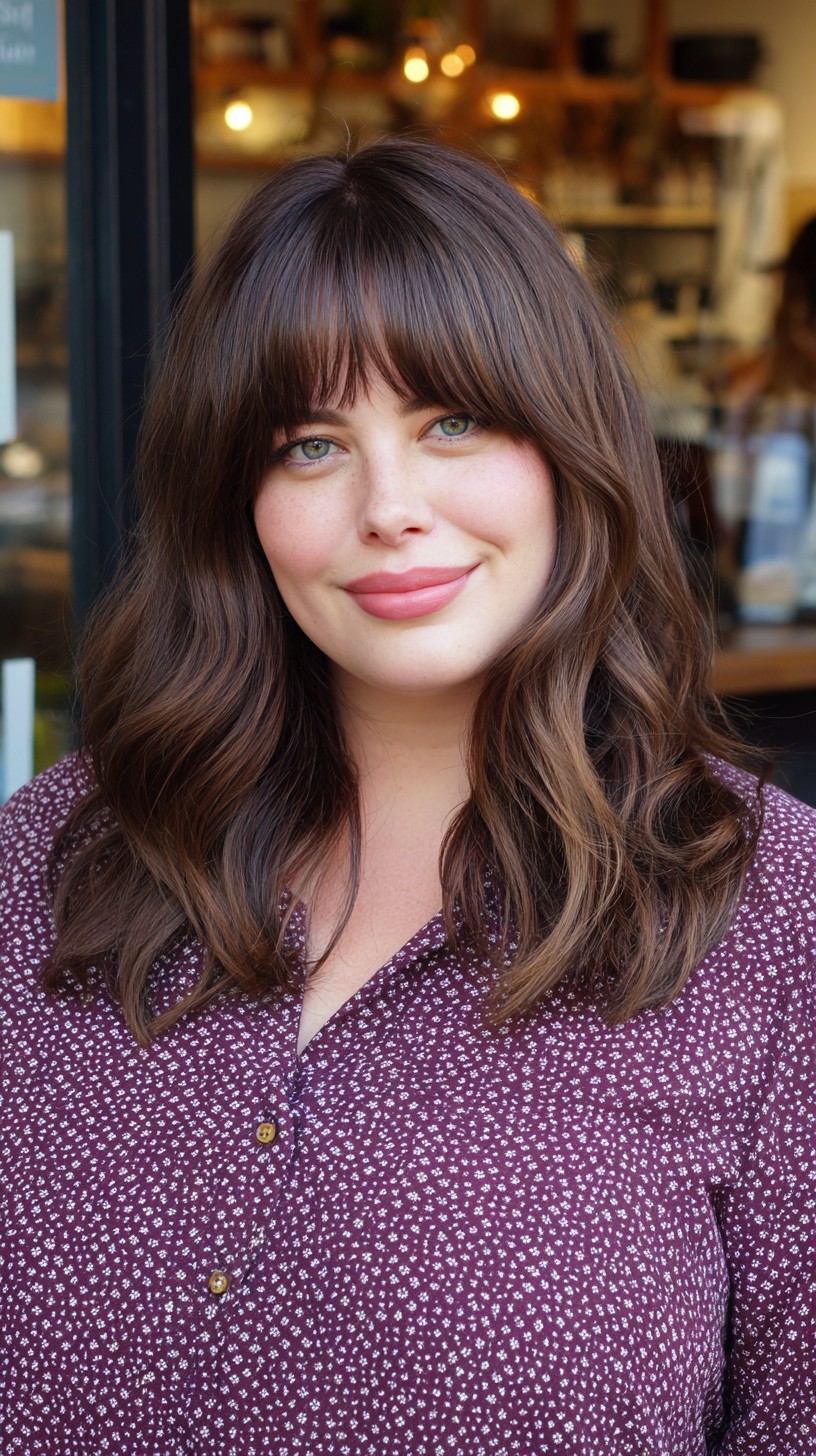 Luscious Chestnut Waves with Soft Bangs Framing