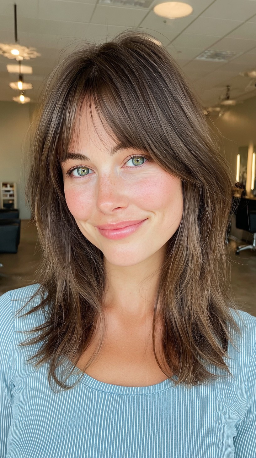 Natural Brunette Lob with Soft Fringe