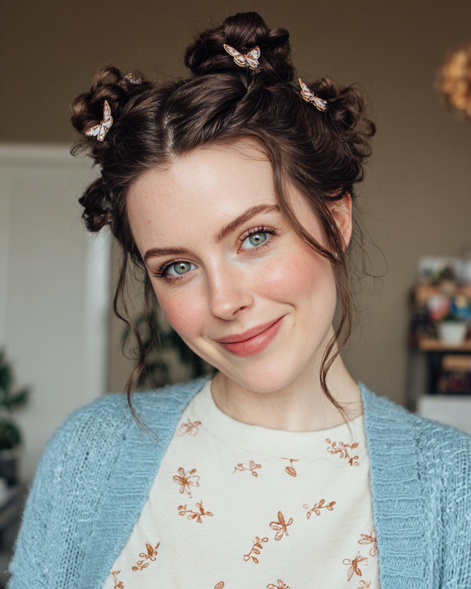 Playful Double Buns with Soft Face-Framing Tendrils