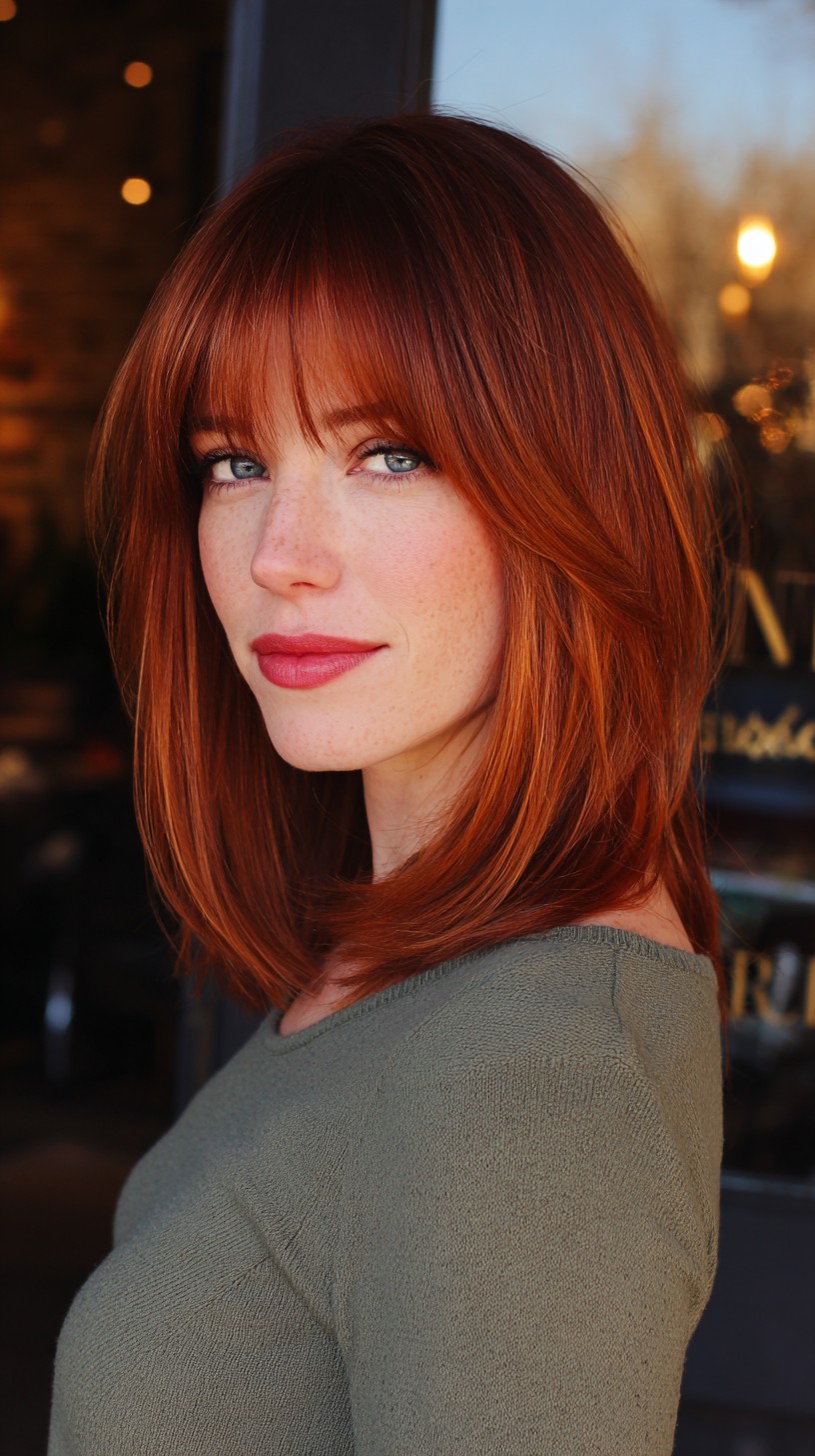 Vibrant Auburn Shoulder-Length Bob with Textured Bangs