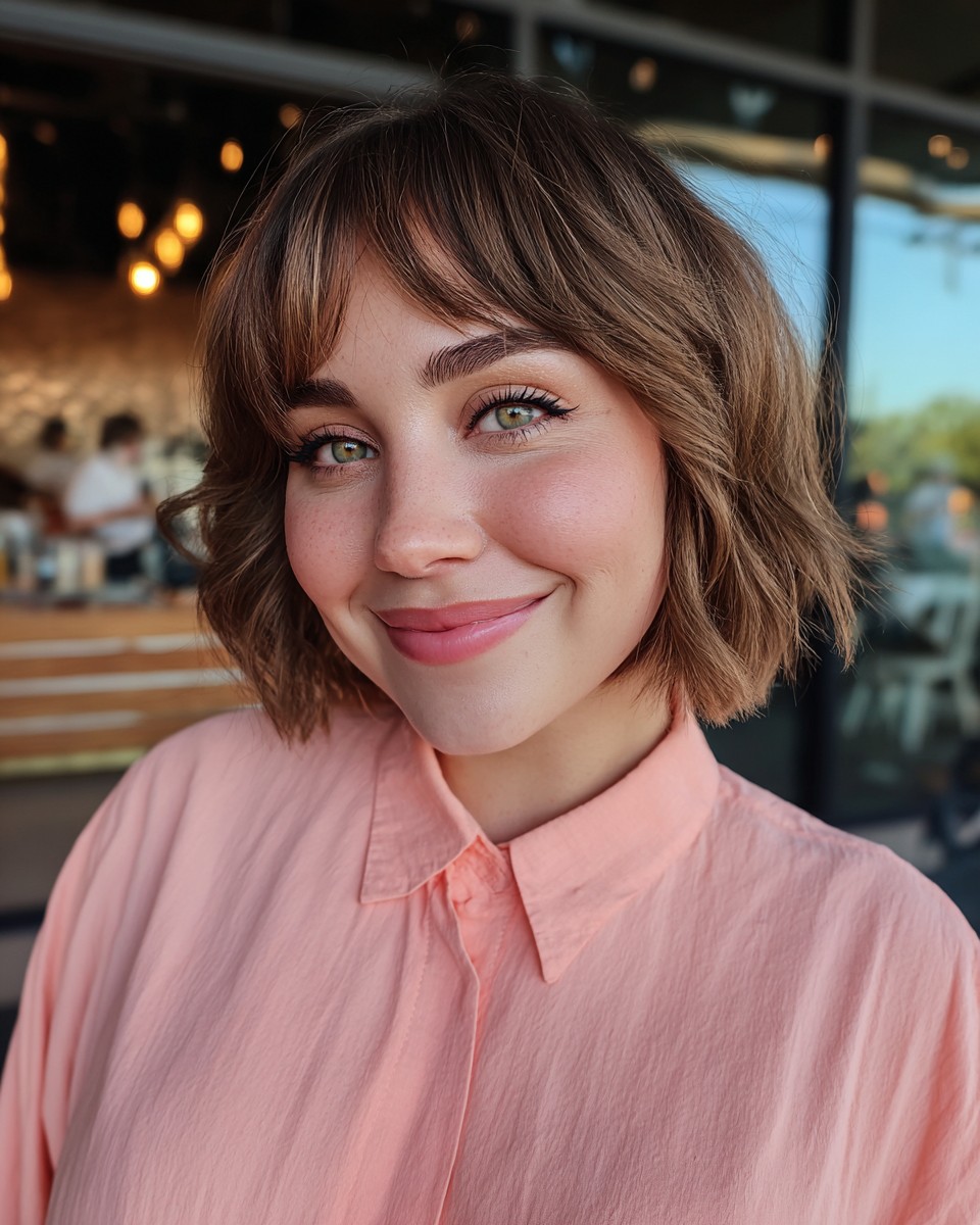 Breezy Chestnut Bob with Soft Curtain Bangs