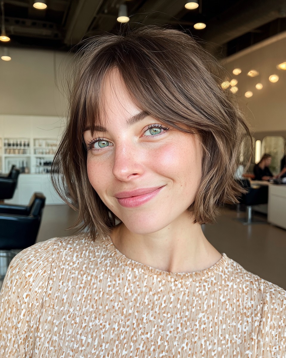 Charming Ash-Brown Bob with Seamless Curtain Bangs
