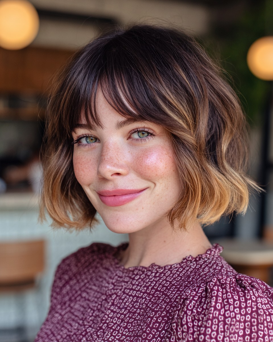 Charming Caramel Bob with Airy Curtain Bangs