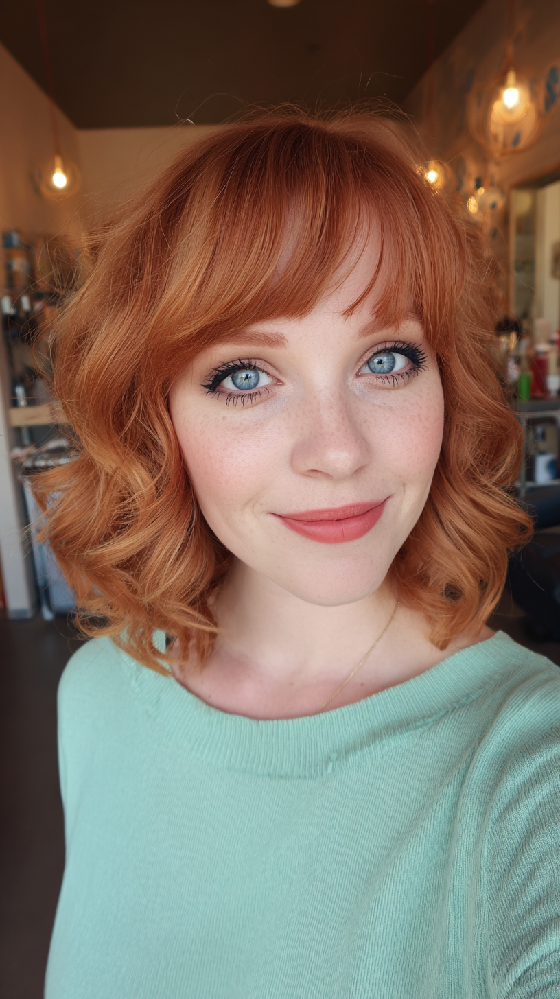 Charming Copper Blonde Curly Hair with Soft Bangs
