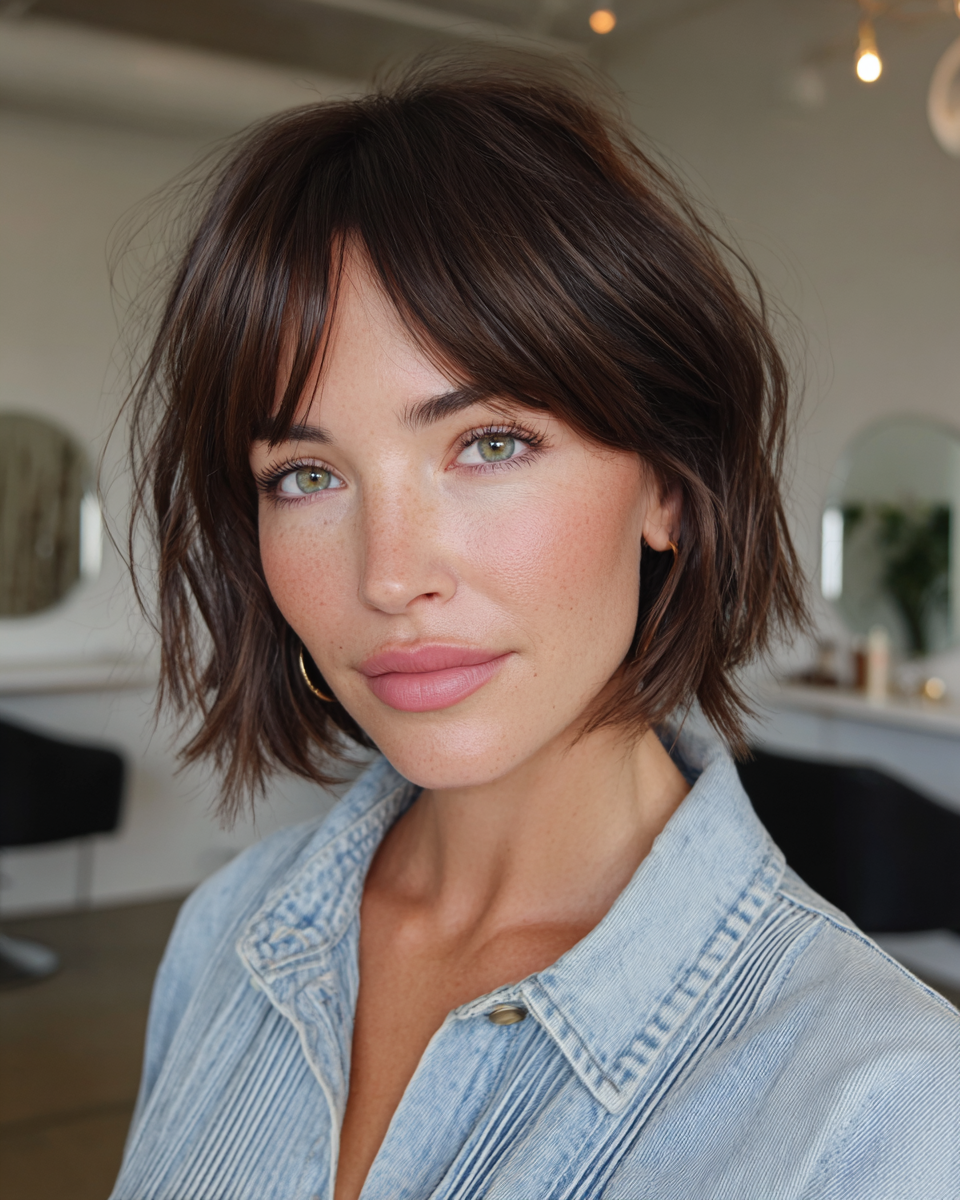 Chic Brunette Bob with Playful Curtain Bangs