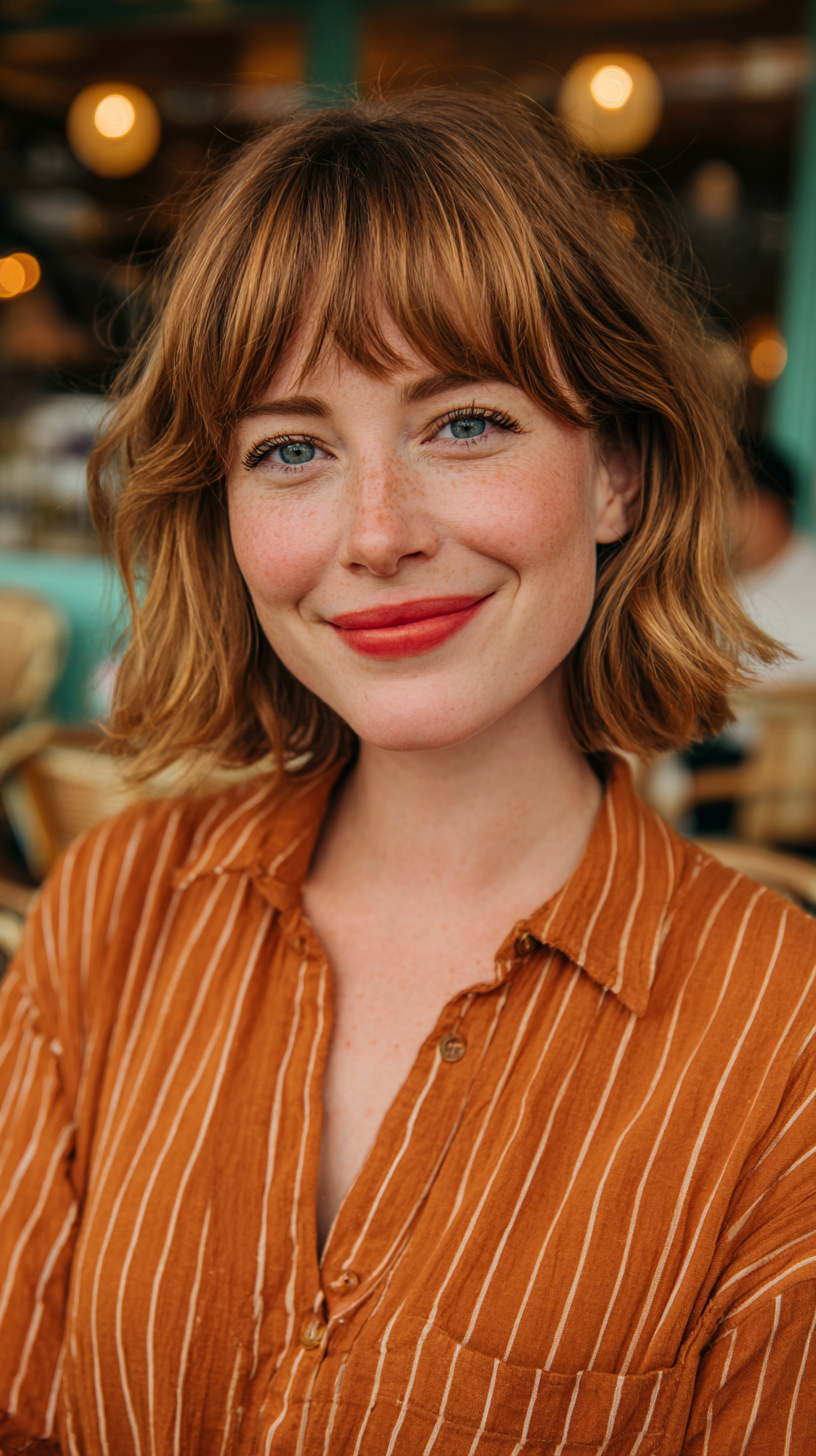 Chic Copper Blonde Curly Lob with Face-Framing Layers