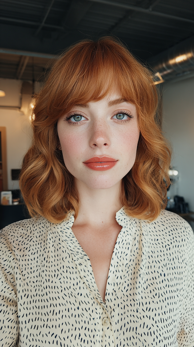 Chic Copper Blonde Shoulder-Length Waves with Soft Bangs