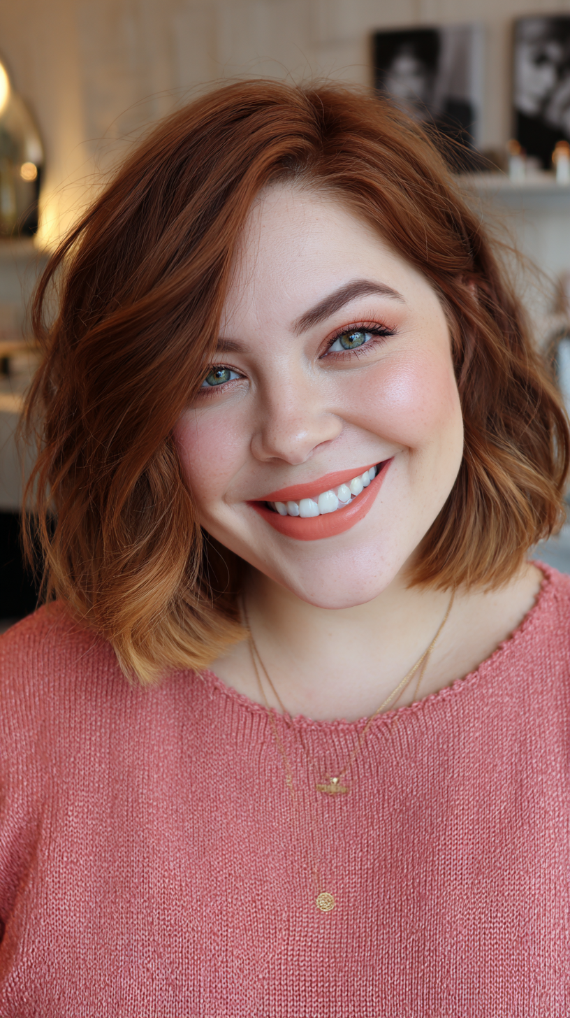 Chic Copper Textured Shoulder-Length Bob with Soft Waves