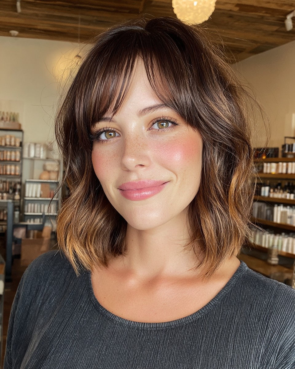 Playful Chocolate Bob with Swooping Curtain Bangs