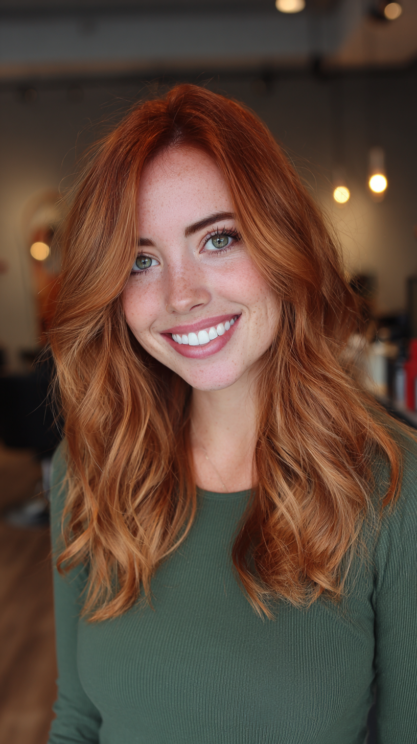 Radiant Copper Blonde Long Layers with Soft Waves