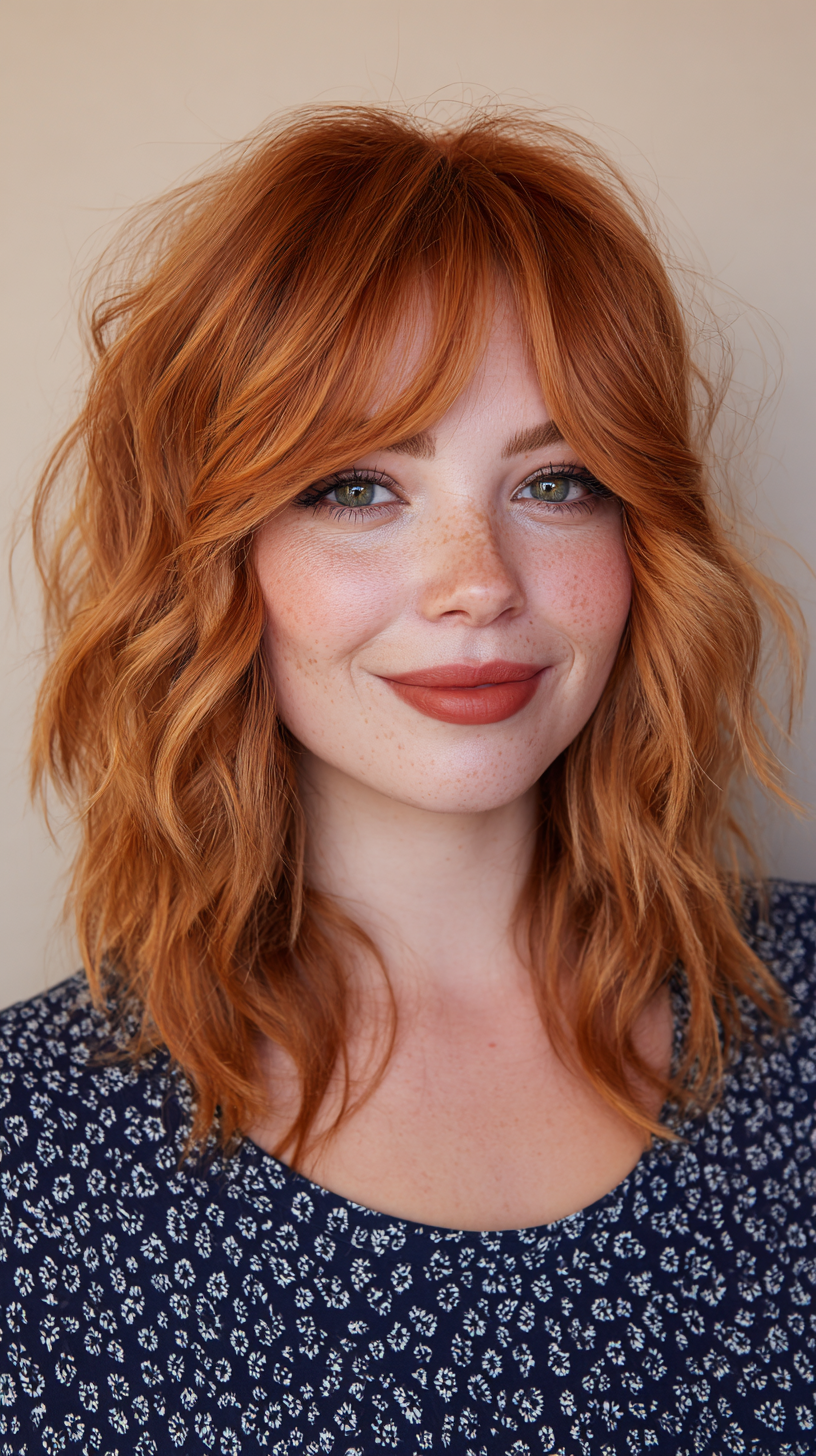 Radiant Copper Blonde Shoulder-Length Waves with Soft Bangs