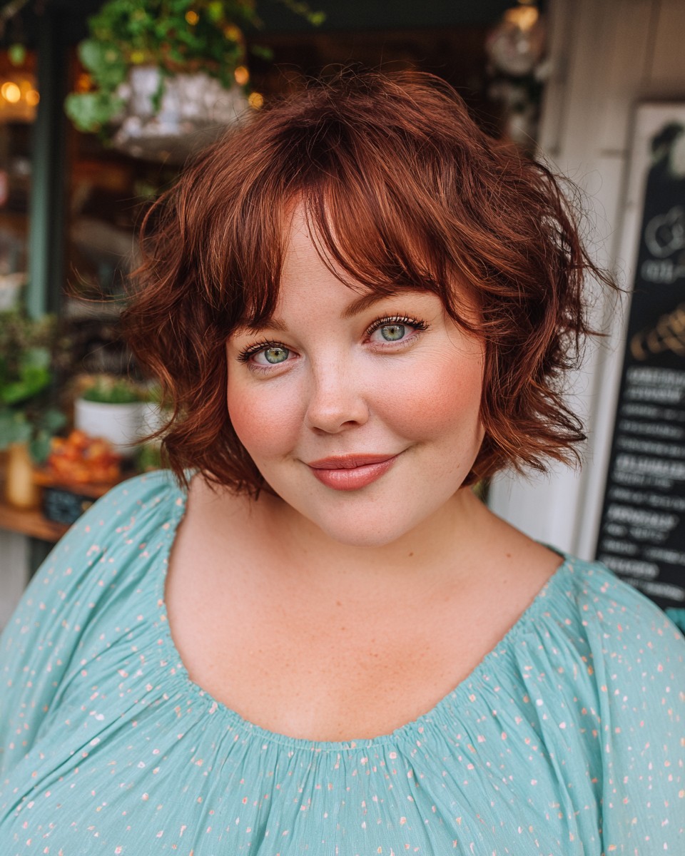 Rich Auburn Bob with Voluminous Curtain Bangs