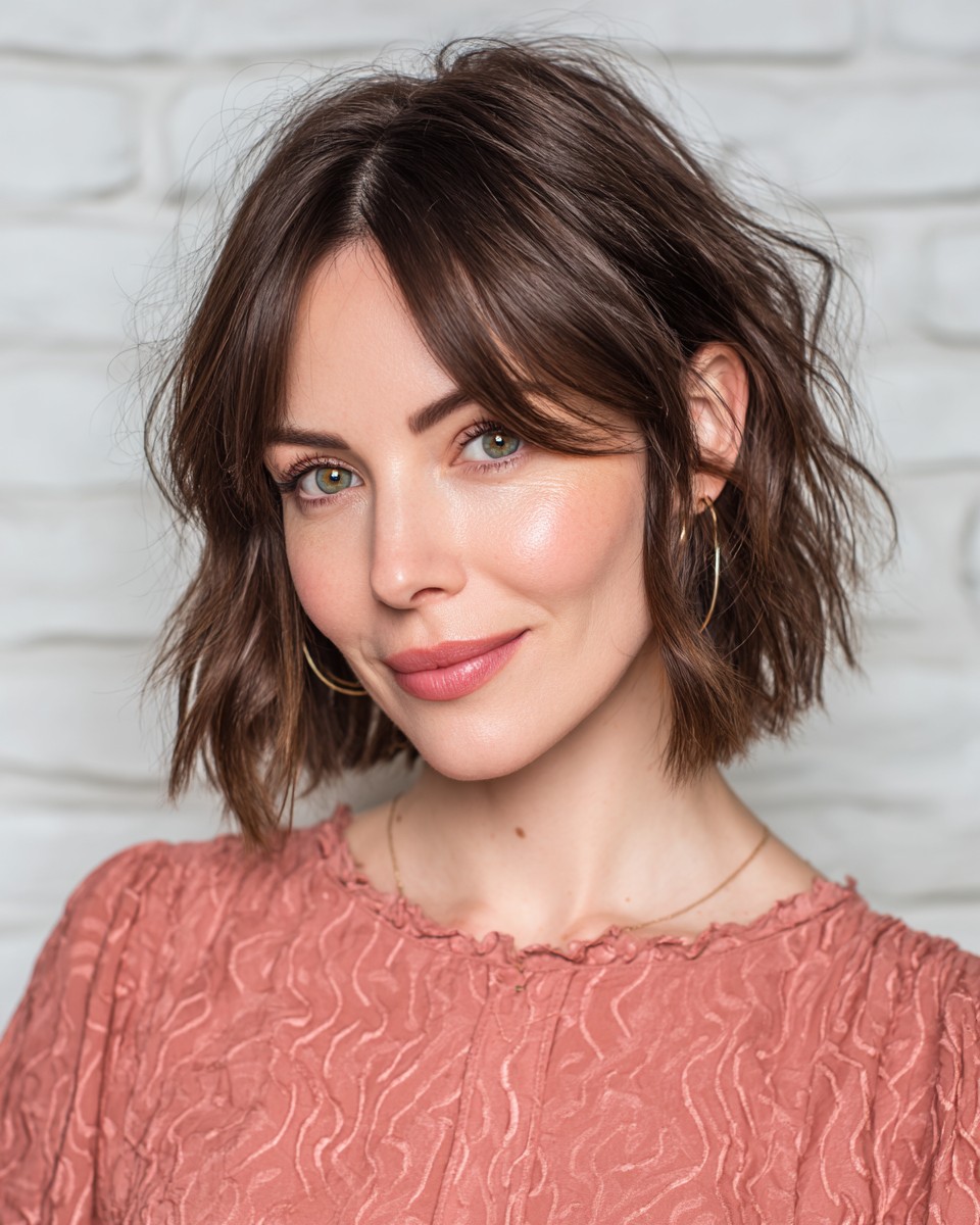 Soft Brunette Bob with Wispy Curtain Bangs