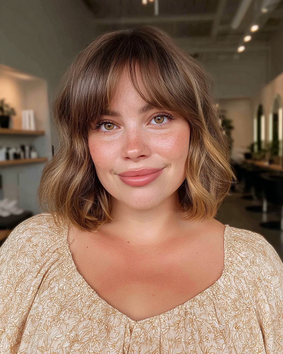 Soft Golden Lob with Delicate Curtain Bangs