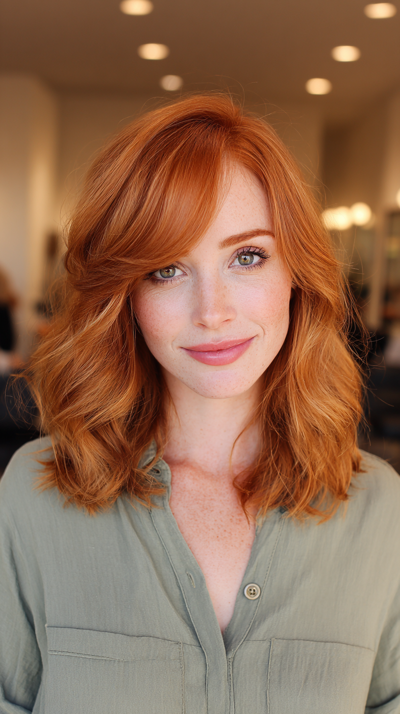 Stylish Wavy Copper Blonde Lob with Face-Framing Layers