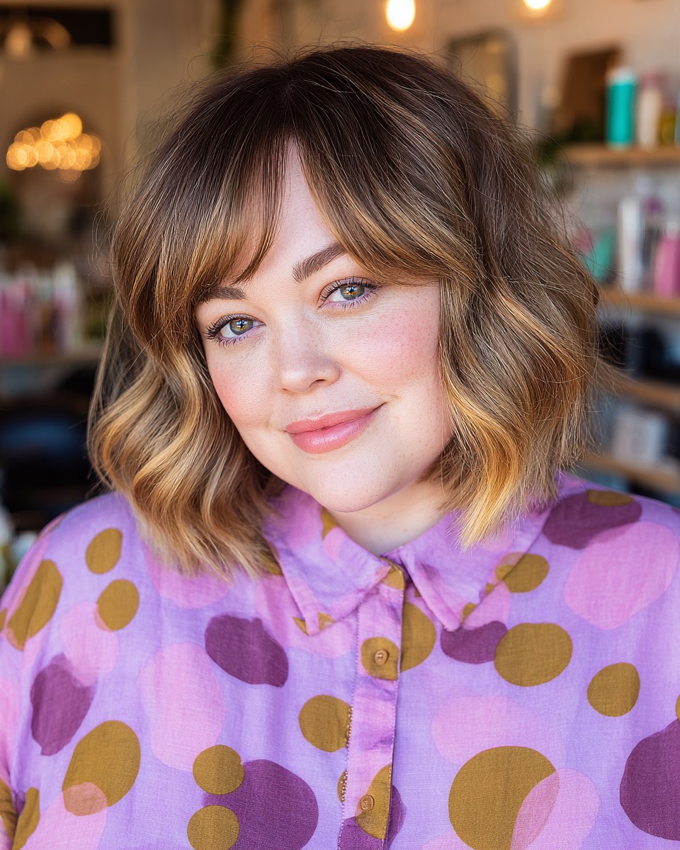 Vibrant Amber Waves with Delicate Curtain Bangs