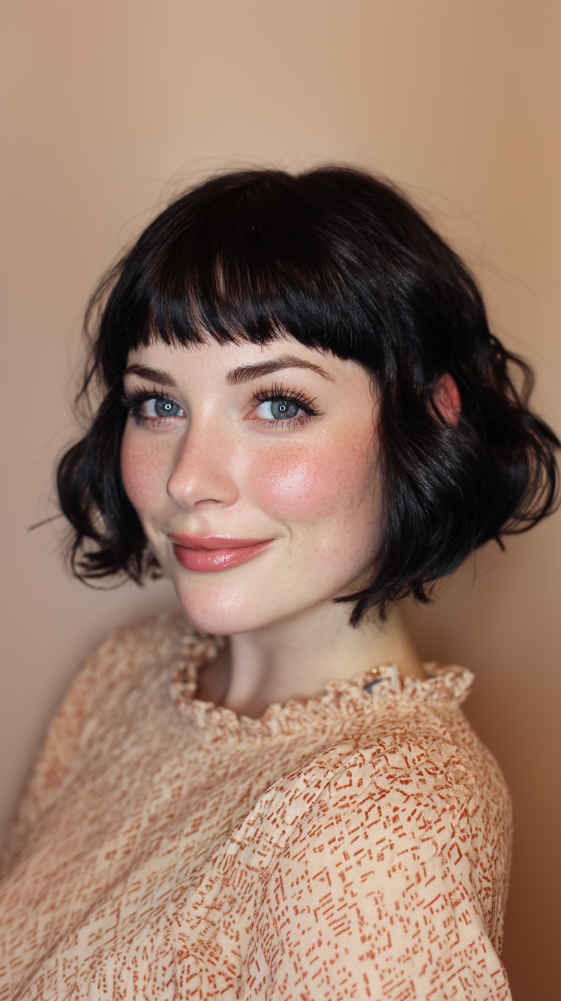 Charming Curly Bob with Blunt Bangs