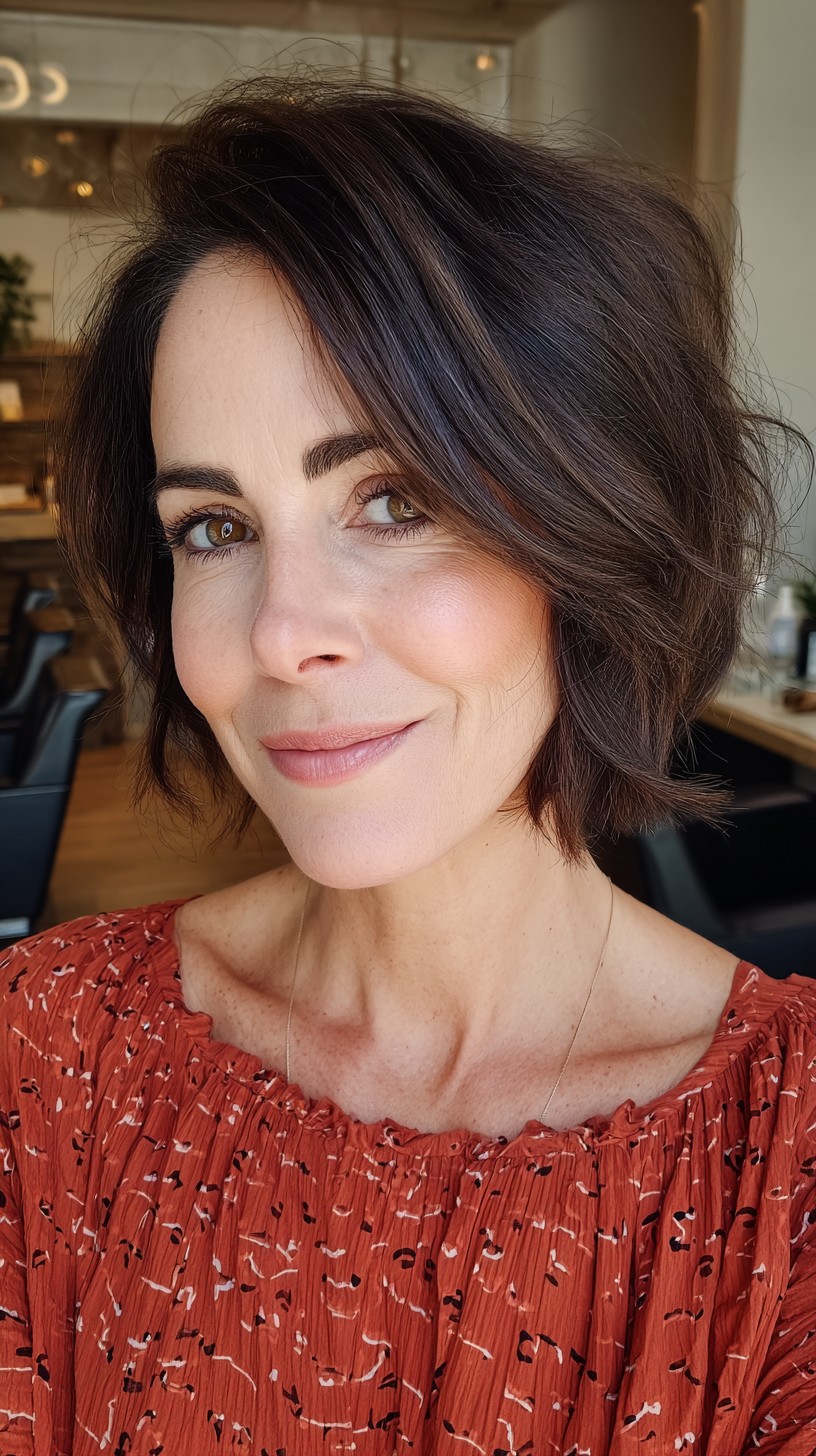 Chic Espresso Tousled Bob with Side Swept Bangs