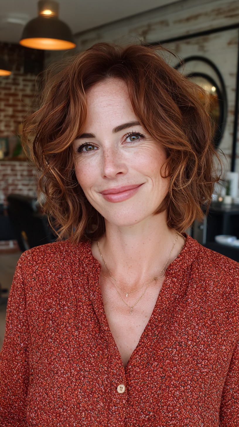 Copper-Toned Wavy Lob with Textured Ends