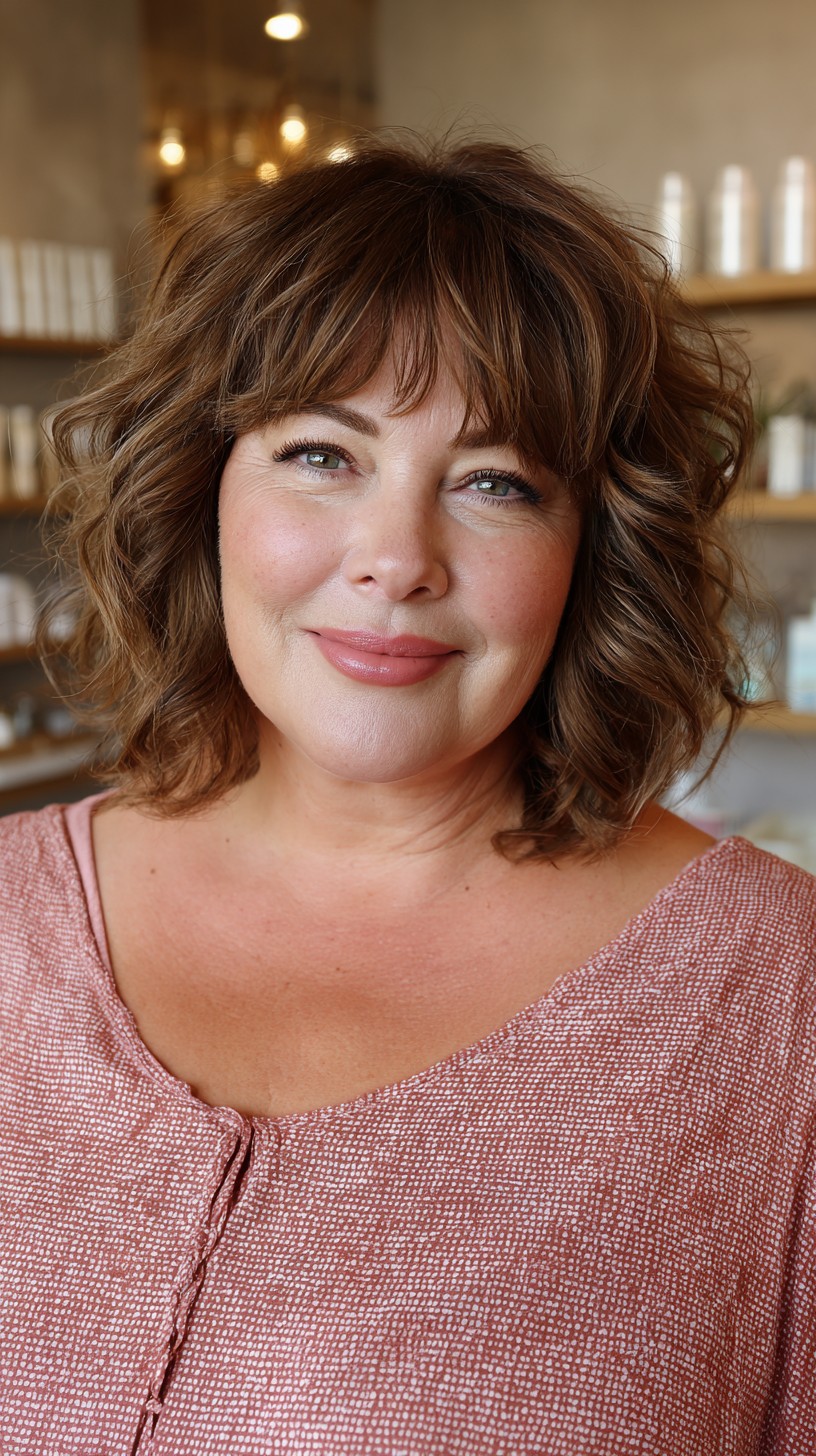 Curly Chestnut Bob with Soft Bangs