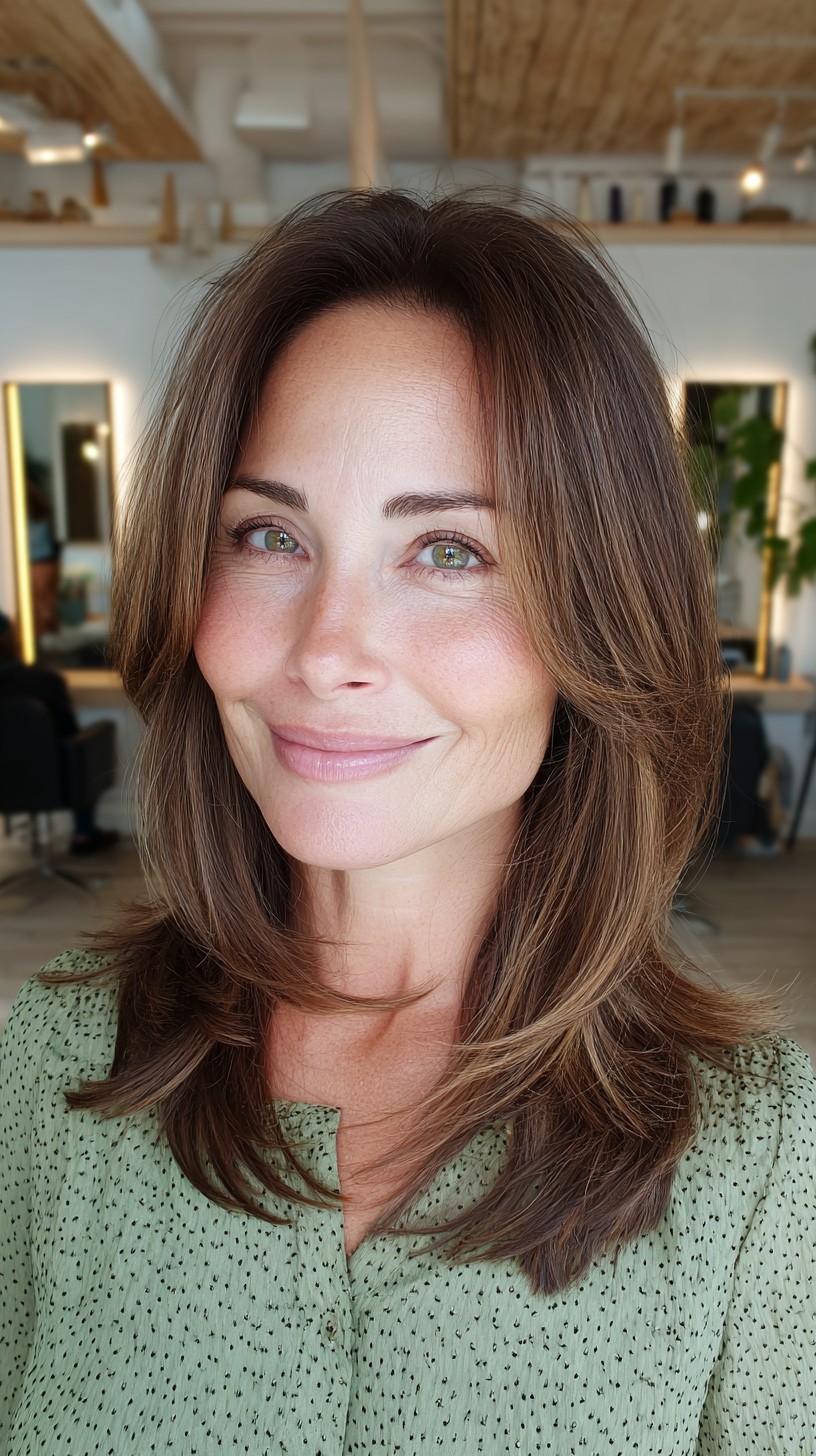 Elegant Layered Chestnut Shag with Soft Face-Framing