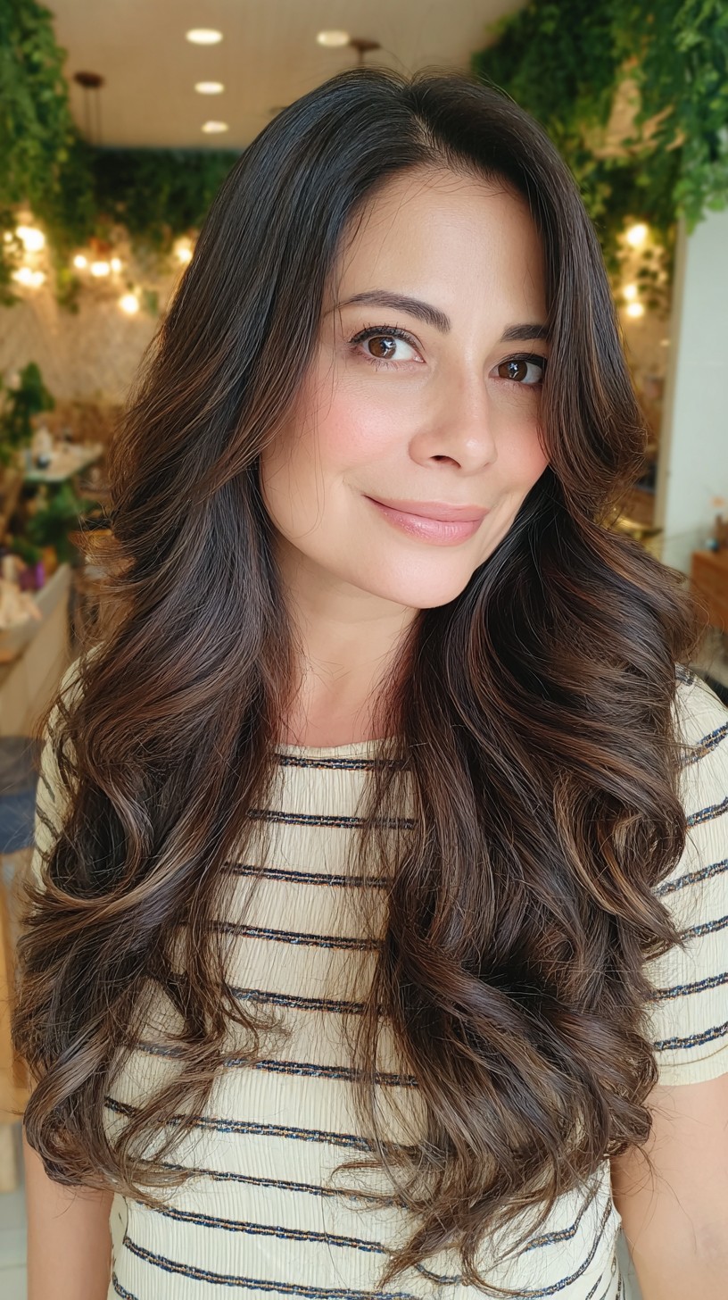 Lustrous Long Chestnut Waves with Soft Blending