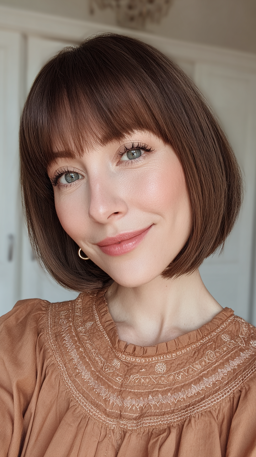 Sleek Chocolate Bob with Soft Bangs