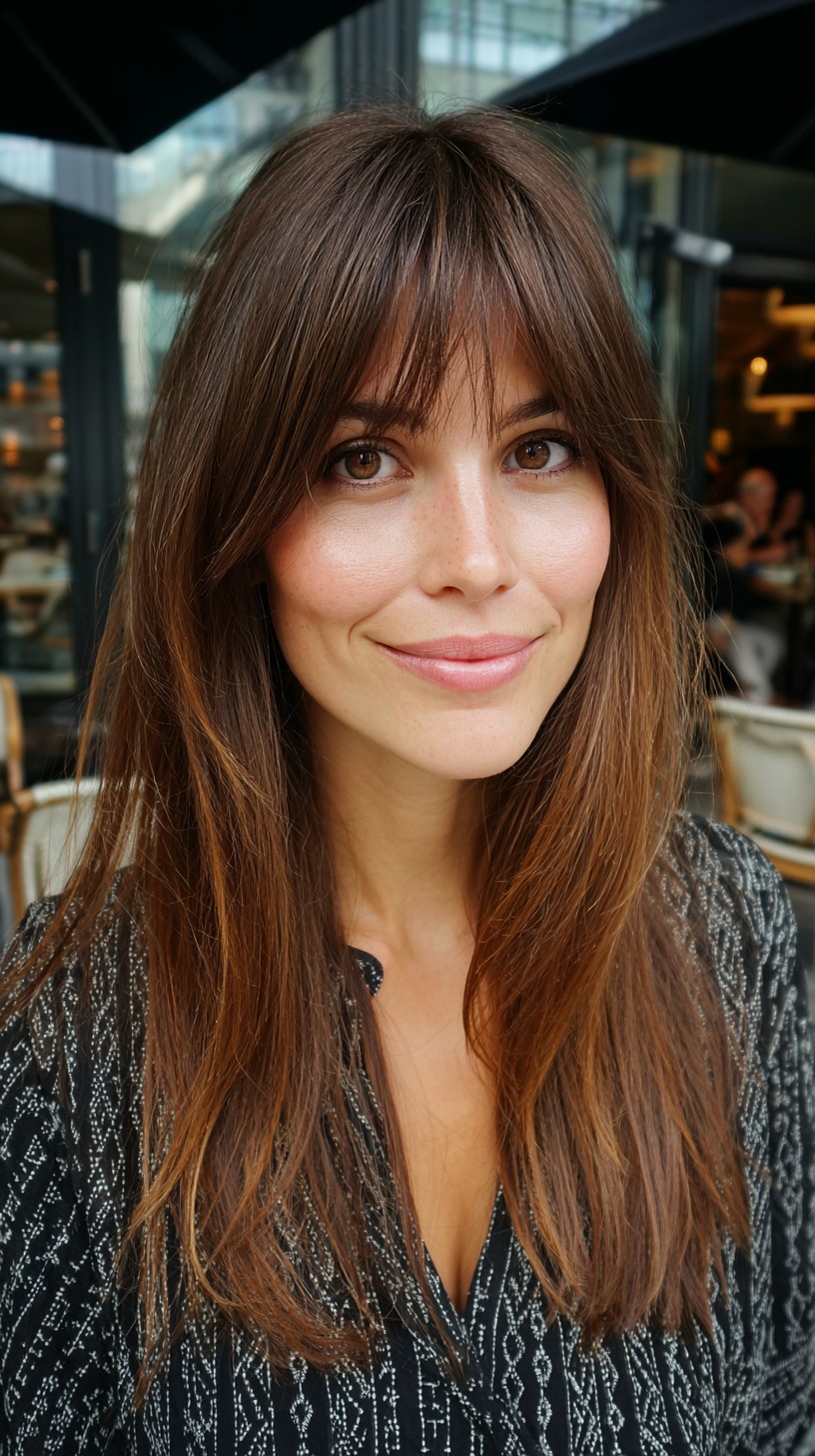 Sunkissed Chestnut Layers with Wispy Bangs