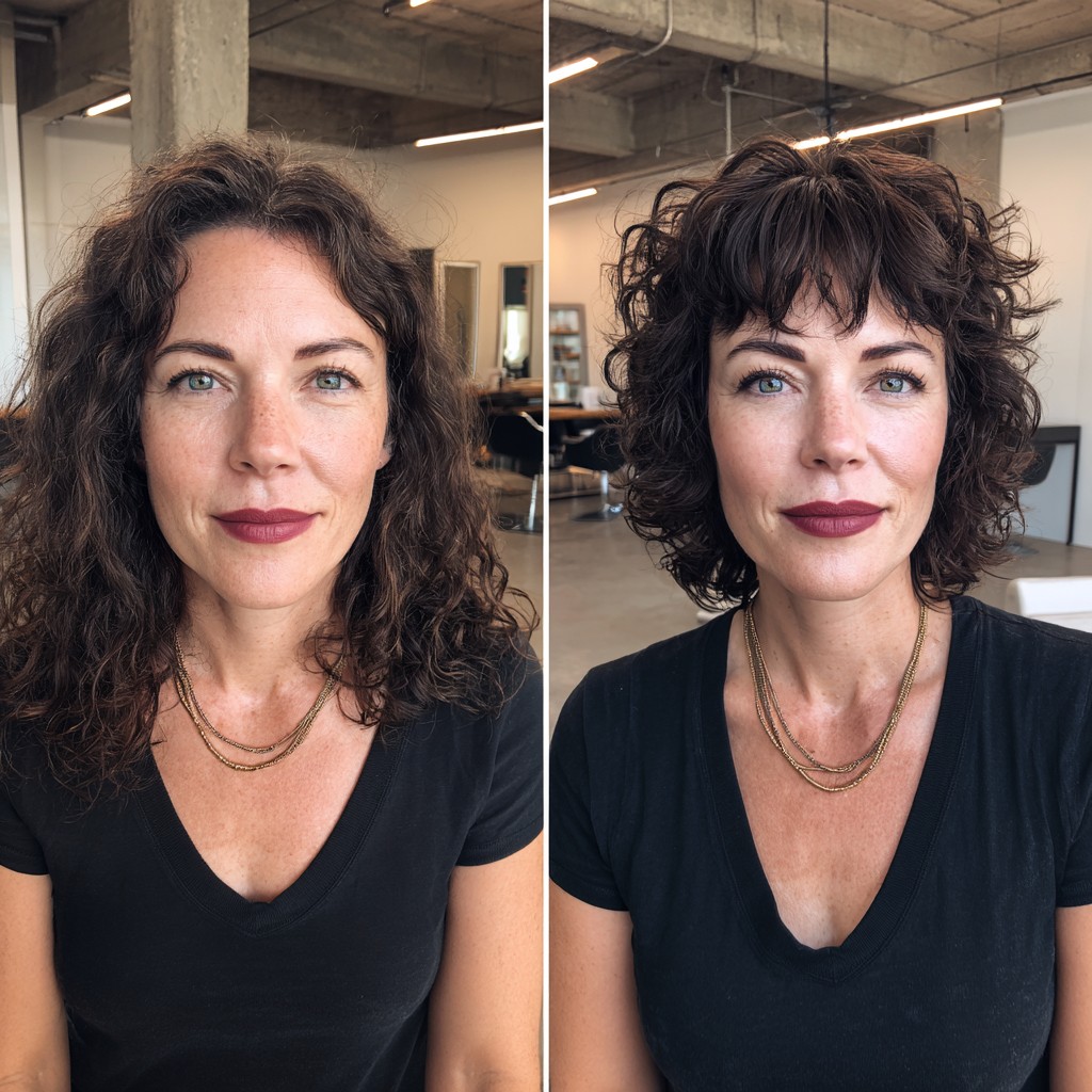 Brunette Curly Bob with Airy Fringe