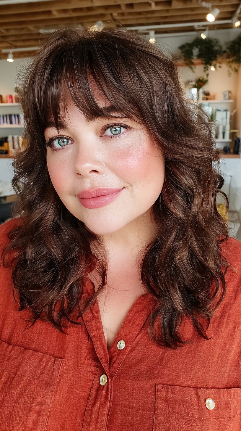 Brunette Textured Waves with Fringe for Round Faces