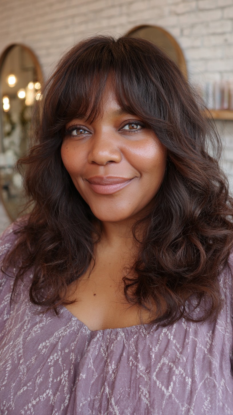 Chic Soft Chestnut Curls with Wispy Bangs