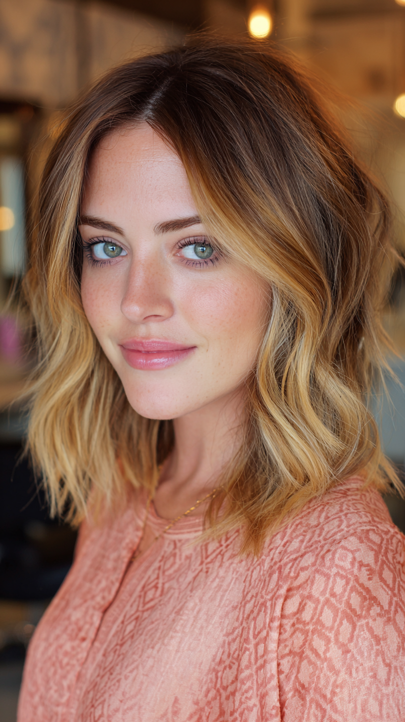 Chic Textured Copper and Blonde Balayage with Soft Waves