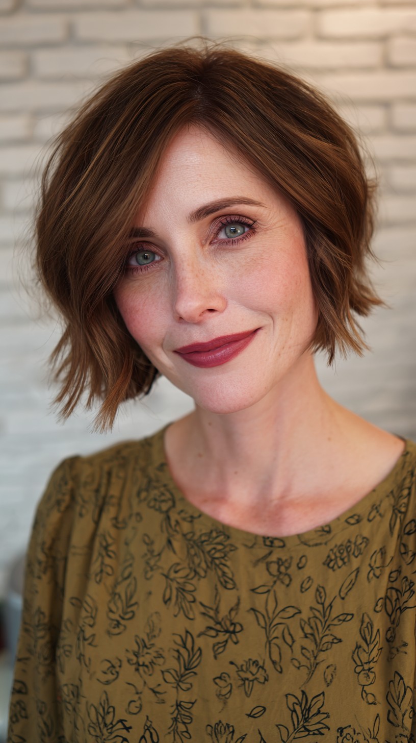 Chic Textured Copper Bob with Side-Swept Bangs