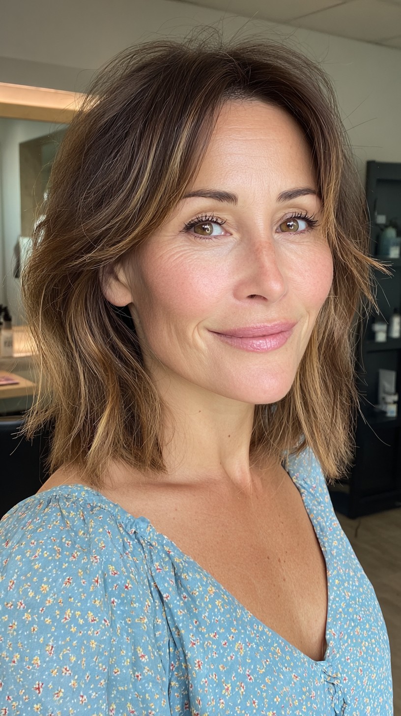 Effortlessly Tousled Brunette Bob with Soft Balayage