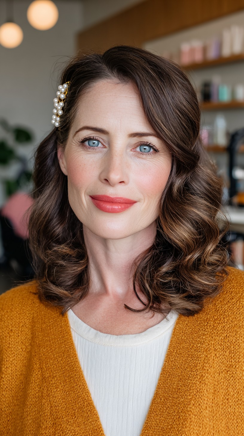 Elegant Chestnut Waves with Pearl Accents