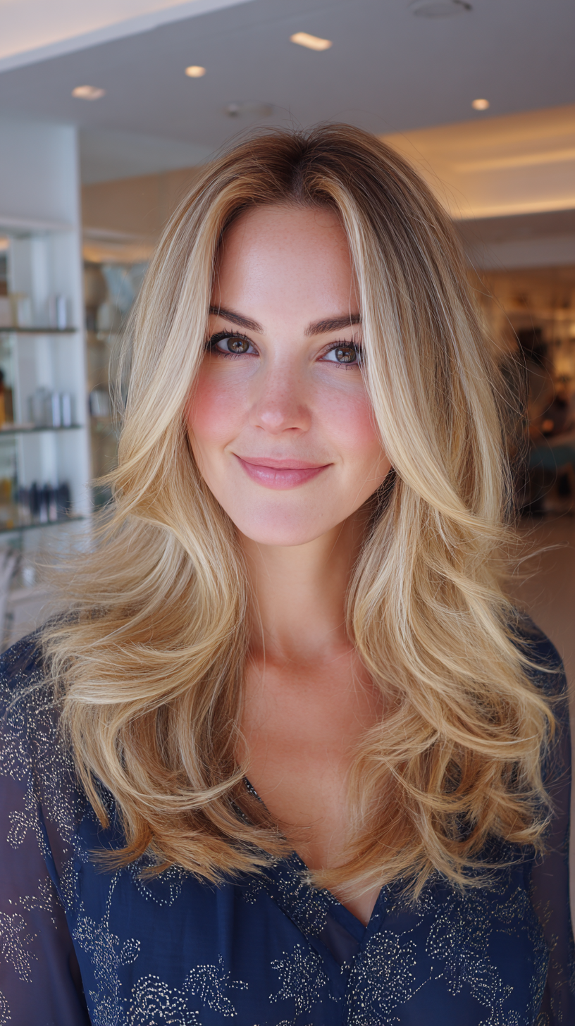 Elegant Layered Blonde Waves with Balayage Highlights