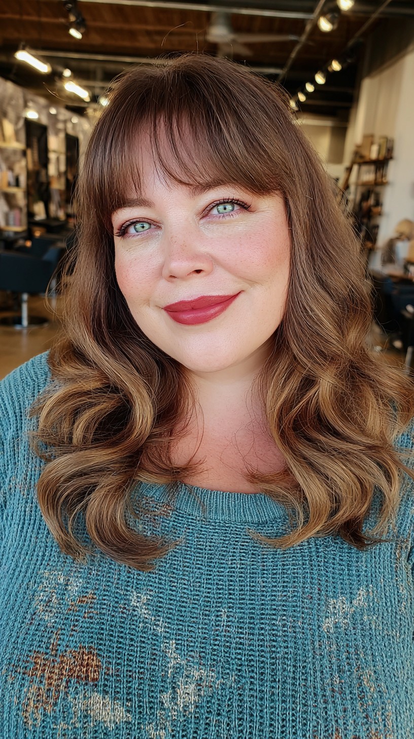 Glossy Chestnut Waves with Curtain Bangs