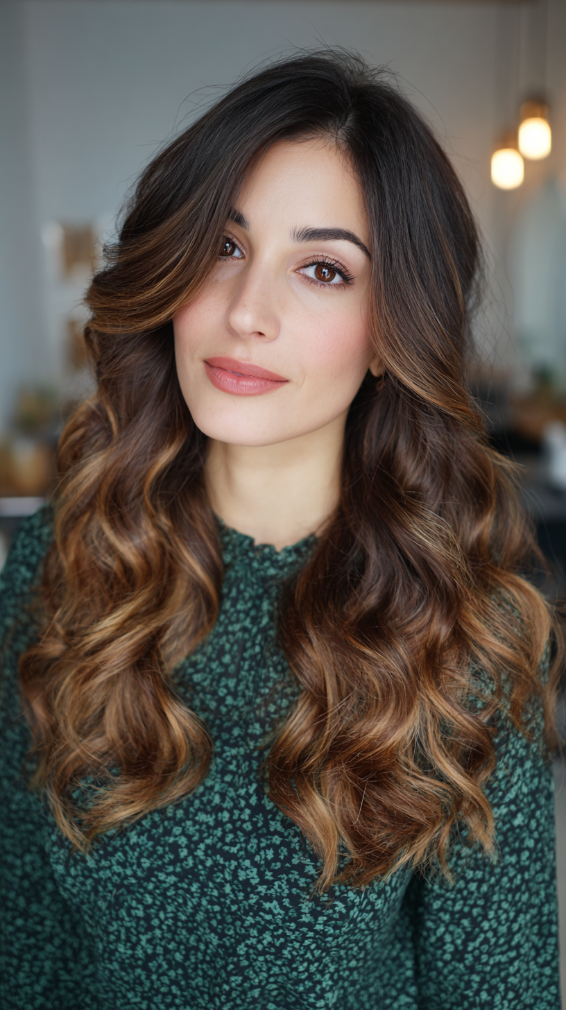 Gorgeous Layered Waves with Warm Balayage