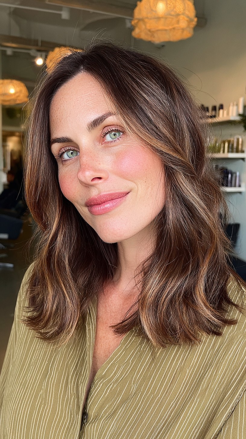 Lustrous Chestnut Waves with Soft Balayage
