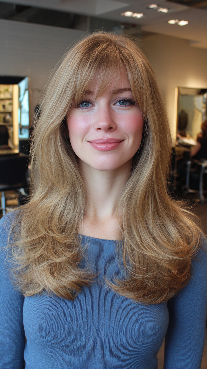 Luxurious Long Blonde Layers with Soft Bangs