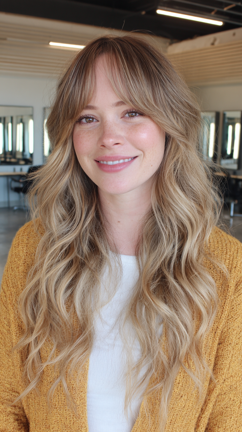Radiant Long Layered Blonde Waves with Face-Framing Bangs