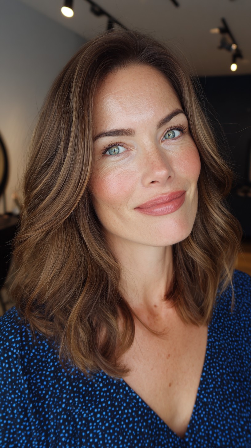 Soft Chestnut Waves with Gentle Mid-Length Cut