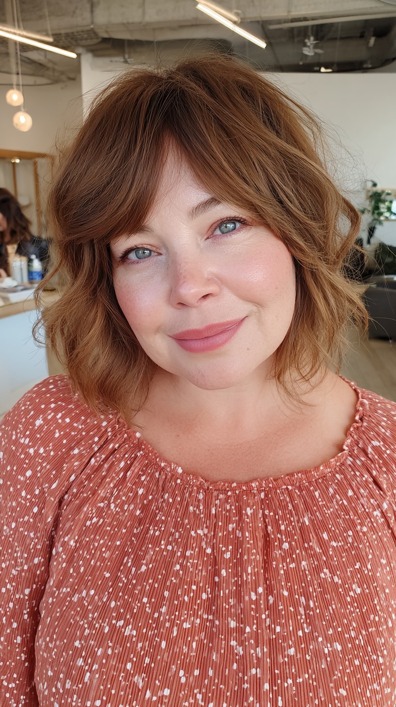 Softly Tousled Brunette Waves with Bangs