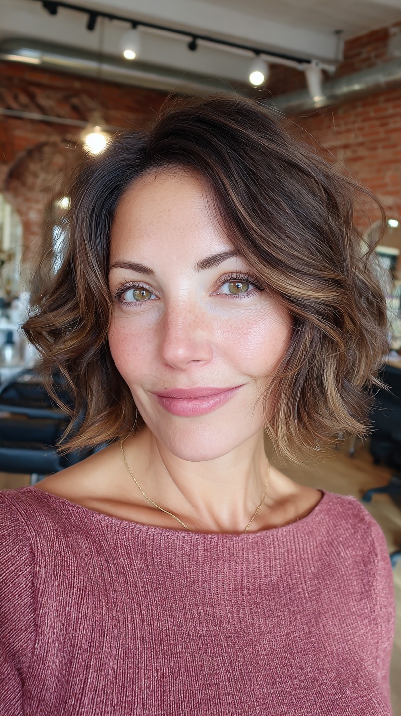 Textured Wavy Brunette Lob with Subtle Balayage