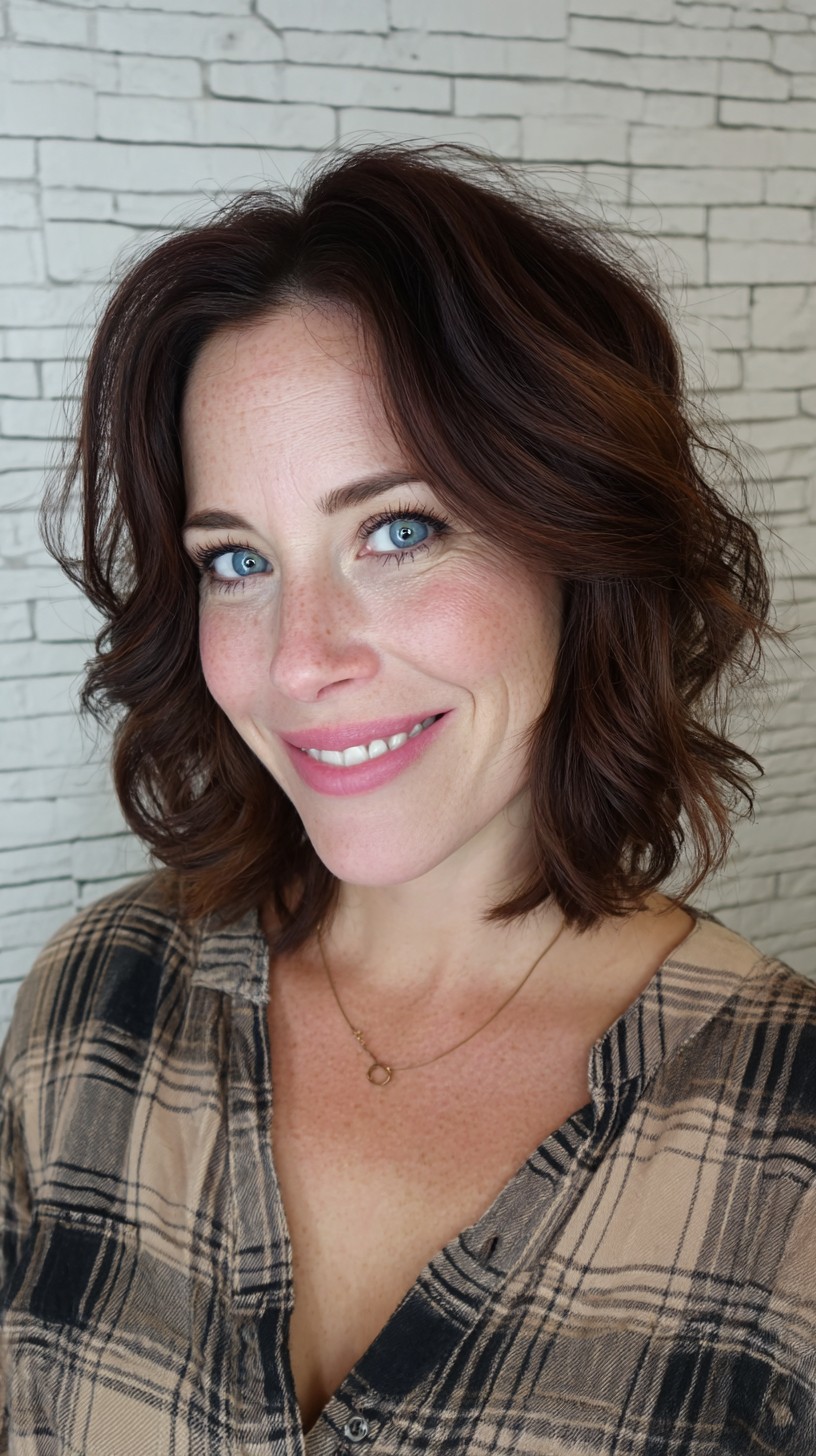 Tousled Chestnut Curls with Subtle Elegance