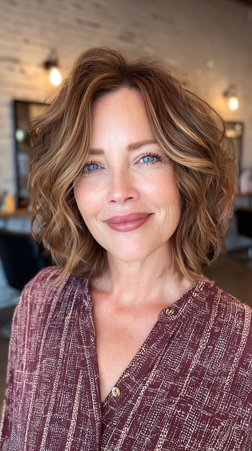 Vibrant Chestnut Mid-Length Waves with Delicate Face-Framing