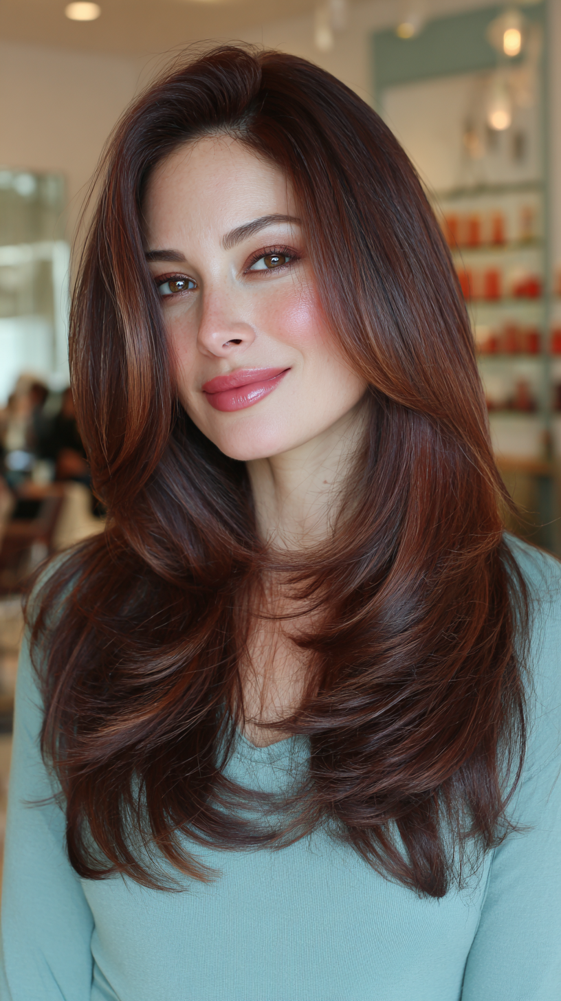 Voluminous Layered Cut with Rich Auburn Tones
