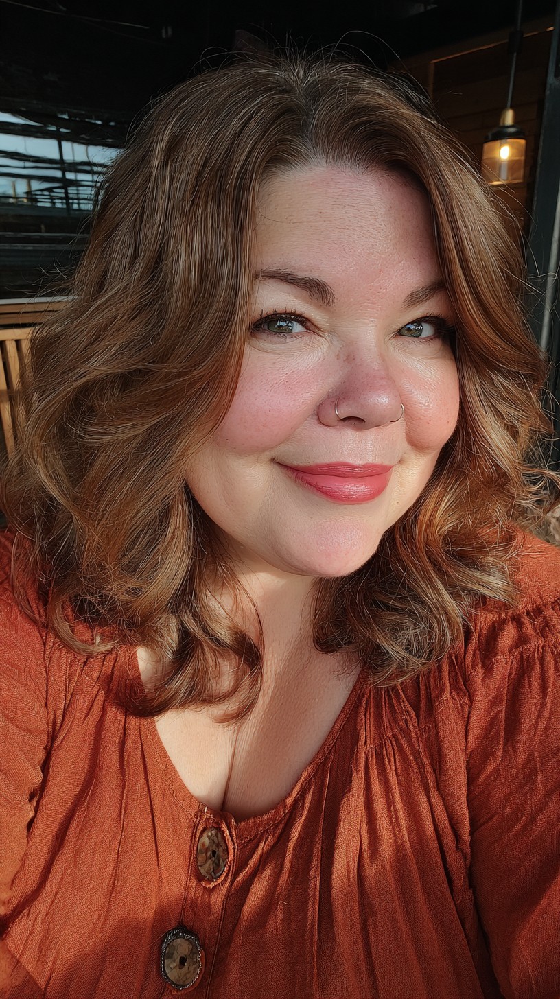 Warm Chestnut Curls with Sun-Kissed Highlights