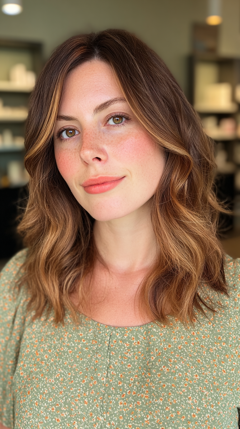 Warm Copper and Blonde Balayage with Soft Layered Waves